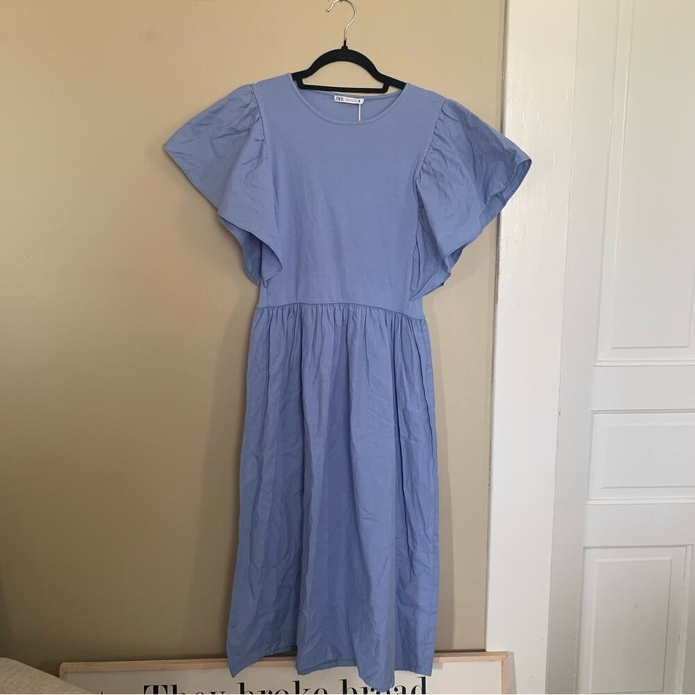 ZARA Ruffled Sleeve Ribbed Midi Dress Blue Size Medium Cotton Prairie Milk Maid